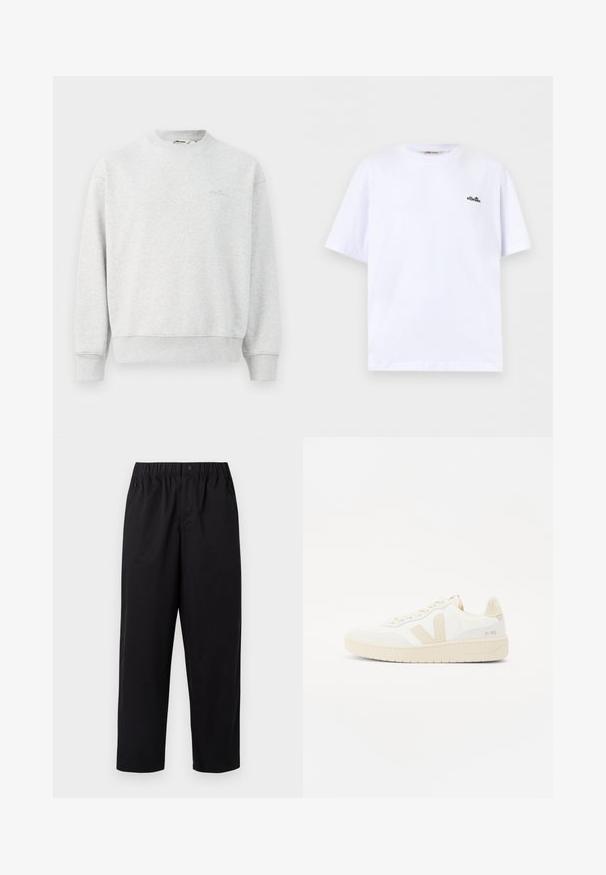 Grå sweatshirts med rund hals, ribbede ærmer og bund. Lavet af et blødt stof, med et lille logo på brystet.; Hvid T-shirt med korte ærmer og rund hals med lille sort ellesse-logo på venstre bryst mod en ensfarvet baggrund.; Sorte, vide ben bukser med elastisk talje og en enkelt knap. Lavet af et glat, letvægtsstof. Lige kant.; Hvide sneakers med beige accenter, der har en tekstureret overdel, rund tå og en tykk gummisål. Designet inkluderer det ikoniske V-logo og branding.