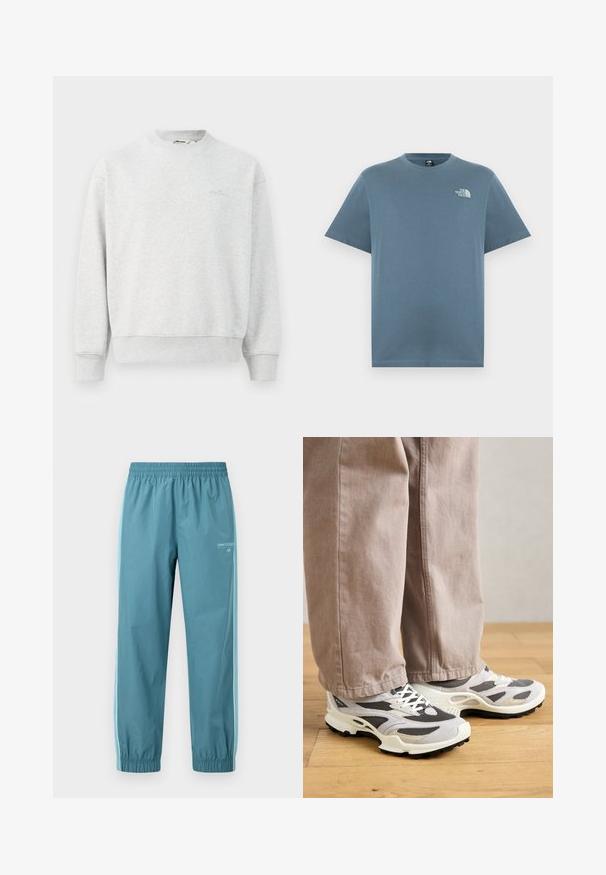 Grå sweatshirts med rund hals, ribbede ærmer og bund. Lavet af et blødt stof, med et lille logo på brystet.; Blå T-shirt med rund hals og korte ærmer med lille hvid The North Face-logo på venstre bryst.; Lyseblå atletikbukser med elastisk linning og manchetter, hvide sideløb, og New Balance-logo på øverste venstre lår.; En person iført beige bredbukser og grå-hvide sportsko står på et trægulv.