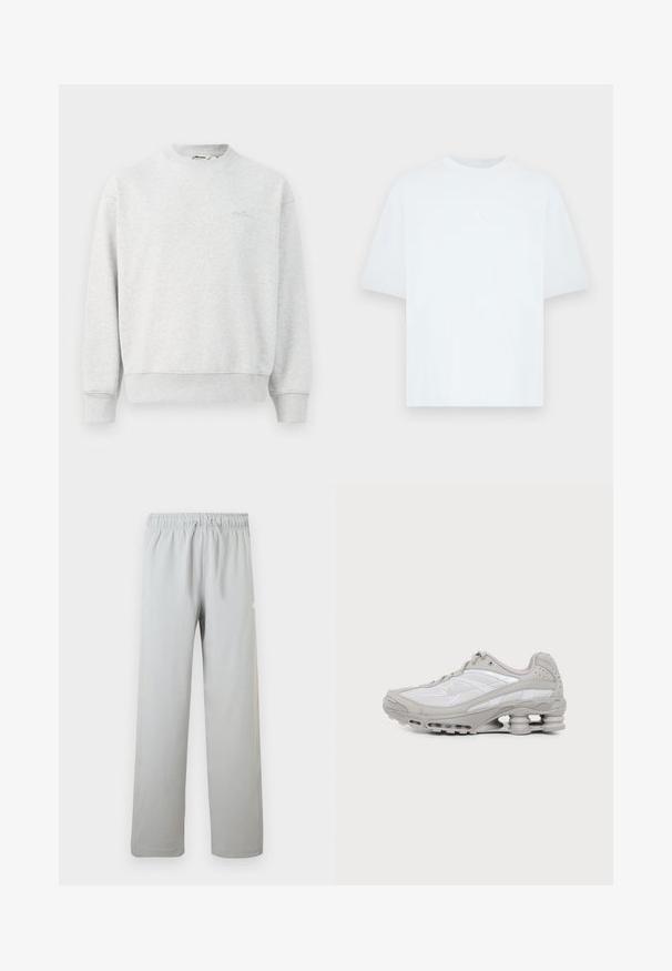 Grauer Pullover mit Rundhalsausschnitt, gerippten Bündchen und Saum. Hergestellt aus einem weichen Stoff, mit einem kleinen Logo auf der Brust.; Hellblaues kurzärmliges T-Shirt aus Baumwolle mit rundem Ausschnitt. Verfügt über ein kleines weißes Jordan-Logo auf der Brust.; Hellgraue Freizeithose mit elastischem Bund und Kordelzug, gerades Bein, geeignet für den täglichen Gebrauch.; Grauer und weißer Sportschuh mit sichtbarer Luftpolstersohle und Mesh-Einsätzen, im Profil auf einfachem hellem Hintergrund gezeigt.