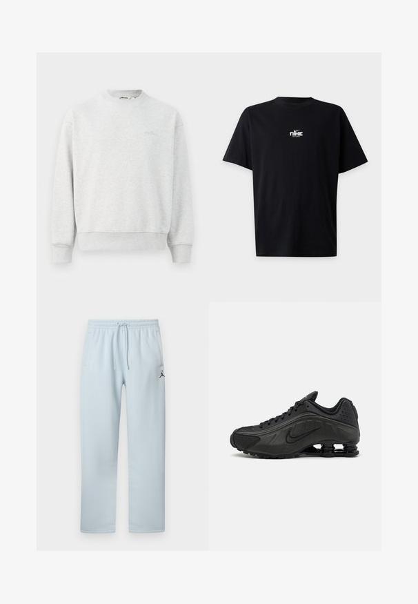 Grå sweatshirts med rund hals, ribbede ærmer og bund. Lavet af et blødt stof, med et lille logo på brystet.; Sort Nike t-shirt med korte ærmer med lille hvid pixel-logo og swoosh centralt på brystet.; Lyseblå joggingbukser lavet af blødt stof med elastisk taljebånd med snor, to sidelommer og en sort logo-detalje.; Sorte løbesko med en glat syntetisk overdel, perforerede detaljer, teksturerede sidedele og en distinkt fjedrende sål.