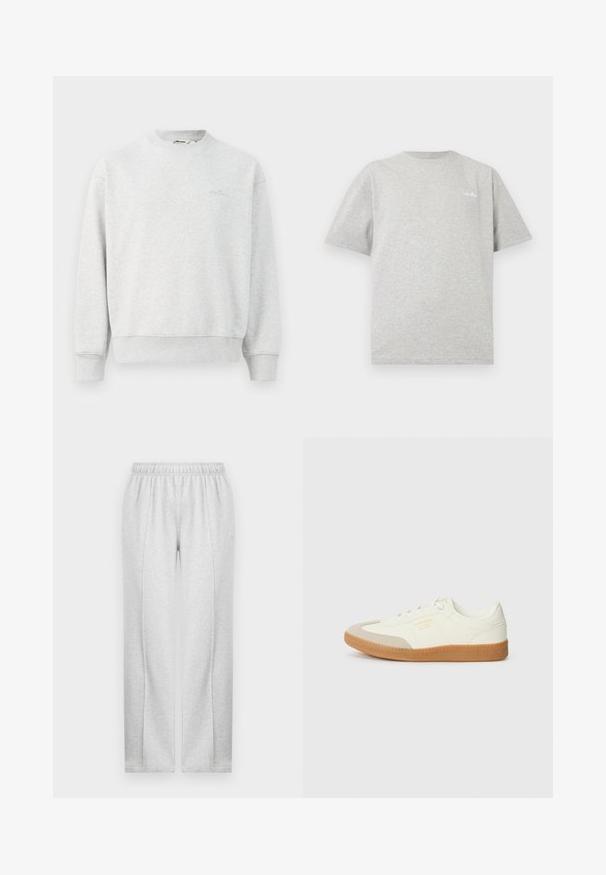 Grå sweatshirts med rund hals, ribbede ærmer og bund. Lavet af et blødt stof, med et lille logo på brystet.; Lysegrå crewneck t-shirt med korte ærmer og lille hvidt logo på øverste venstre bryst mod hvid baggrund.; Grå sweatpants med elastisk talje, lige ben og subtile sidesømme. Lavet af blødt, letvægtsstof. Minimalistisk design.; Sneaker lavet af hvid læder med en beige tåhætte og let brunt gummisål. Har flade hvide snørebånd og prægede branding på siden.