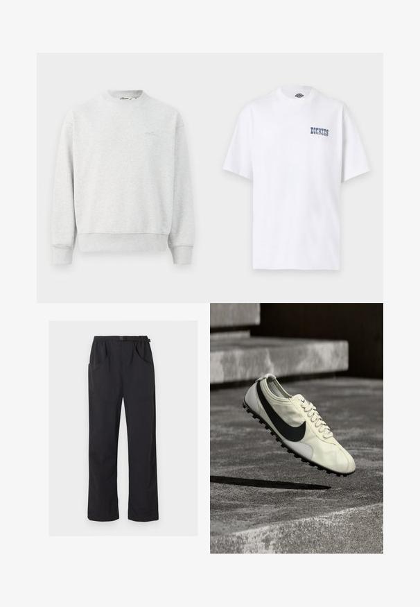 Grauer Pullover mit Rundhalsausschnitt, gerippten Bündchen und Saum. Hergestellt aus einem weichen Stoff, mit einem kleinen Logo auf der Brust.; Weißes T-Shirt mit kurzen Ärmeln und Rundhalsausschnitt, mit kleinem blauem "Dickies"-Logo auf der linken Brust.; Schwarze gerade geschnittene Hose mit elastischem Bund und verstellbarem Schnallenriemen, ausgestattet mit Front- und Seitentaschen.; Weißer Nike-Sneaker mit schwarzem Swoosh-Logo, Schnürsenkeln und Gummiprofilsohle, in der Luft über Betontreppen gezeigt.