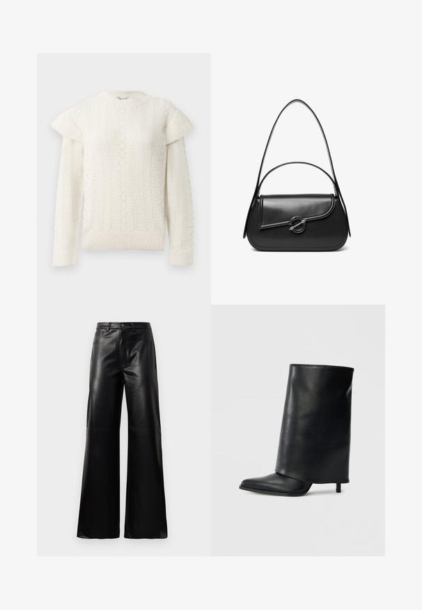 Pull en tricot blanc, à manches longues, avec des détails en volants sur les épaules, des poignets côtelés et un ourlet également côtelé.; Pantalons larges en faux cuir noire taille haute avec bouton avant, fermeture éclair, passants de ceinture et poches latérales sur fond blanc.; Bottine en cuir noir avec un design structuré à rabat, bout pointu et talon fin. Texture lisse avec un minimum de détails.; Sac à bandoulière en cuir noir avec un rabat incurvé fermé par un fermoir métallique rond et une sangle fine et ajustable.
