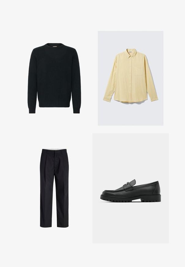Suéter negro de cuello redondo hecho de un suave material de punto. Manga larga, puños y dobladillo acanalados, con una textura suave y un diseño minimalista.; Camisa amarilla de manga larga con botones, hecha de tela texturizada, con un bolsillo en el pecho, cuello puntiagudo y dobladillo redondeado. Etiqueta de la marca visible.; Pantalones negros de tiro recto con cinturilla, trabillas, cremallera frontal y bolsillos laterales mostrados sobre un fondo blanco.; Mocasines de cuero negro con punta redonda, que cuentan con un diseño cosido, suela de plataforma baja y una suela de goma texturada y con tacos.
