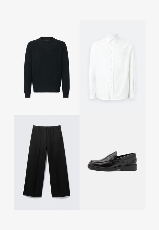 Suéter negro de cuello redondo hecho de un suave material de punto. Manga larga, puños y dobladillo acanalados, con una textura suave y un diseño minimalista.; Camisa blanca de manga larga y botones, hecha de una tela ligera. Presenta un bolsillo frontal, cuello clásico y una textura sutil.; Pantalones negros de pierna ancha con trabillas para cinturón, bolsillos delanteros y cierre de cremallera, exhibidos sobre un fondo gris claro.; Mocasines de cuero negro con un acabado suave, punta redondeada, tacón bajo y costura decorativa en la parte delantera. Suela de goma para mayor agarre.
