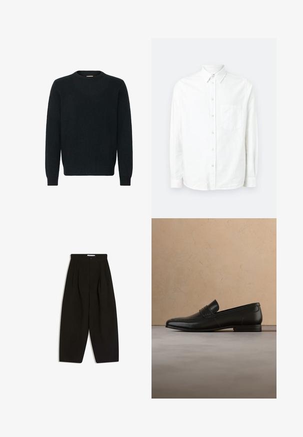 Sort crewneck sweater lavet af et blødt strikket materiale. Lange ærmer, ribbede manchetter og kant med en glat tekstur og minimalistisk design.; Hvid langærmet skjorte med knaplukning lavet af letvægtsstof. Har en frontlomme, klassisk krave og subtil tekstur.; Sorte bukser med vide ben lavet af blødt stof, med plisseret front, knaplukning og sidelommer for ekstra funktionalitet.; Sort læderloafer vist i luften over en beige tæppe med en beige sofa i baggrunden.