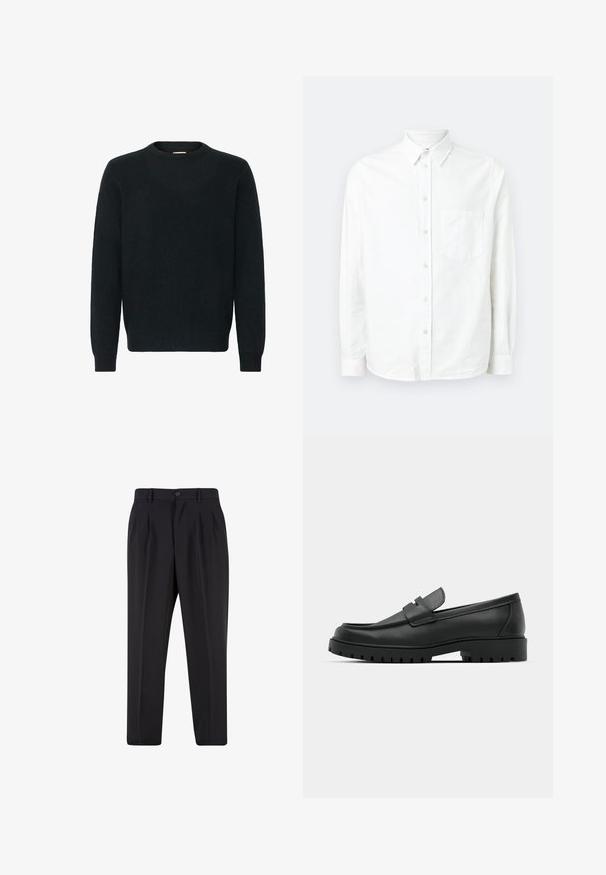 Suéter negro de cuello redondo hecho de un suave material de punto. Manga larga, puños y dobladillo acanalados, con una textura suave y un diseño minimalista.; Camisa blanca de manga larga y botones, hecha de una tela ligera. Presenta un bolsillo frontal, cuello clásico y una textura sutil.; Pantalones negros a medida con pliegues delanteros, trabillas para cinturón y cierre con botón en la cintura.; Mocasines de cuero negro con punta redonda, que cuentan con un diseño cosido, suela de plataforma baja y una suela de goma texturada y con tacos.