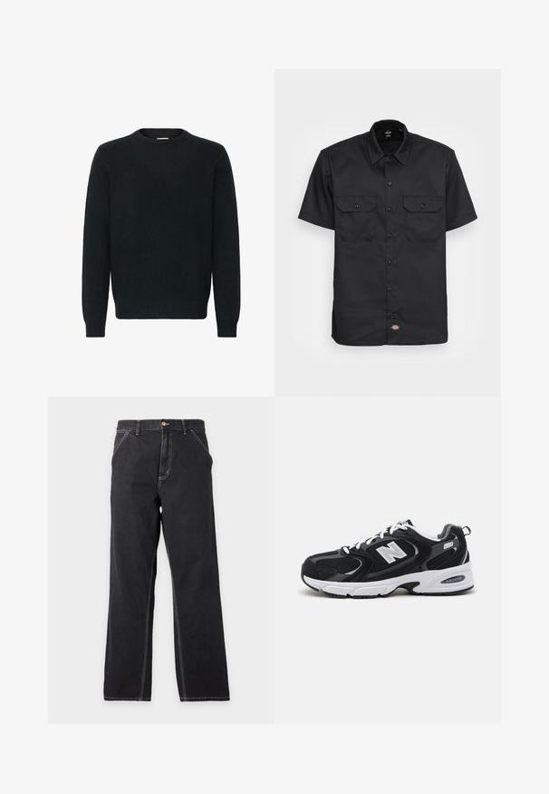 Suéter negro de cuello redondo hecho de un suave material de punto. Manga larga, puños y dobladillo acanalados, con una textura suave y un diseño minimalista.; Camisa negra de manga corta hecha de tela suave; cuenta con dos bolsillos en el pecho con solapa, cierre de botón y un cuello clásico.; Vaqueros negros de pierna recta con bolsillos delanteros, trabillas para el cinturón y costuras blancas visibles sobre un fondo liso gris claro.; Zapatillas deportivas en negro y gris con parte superior de malla y ante, que cuentan con una entresuela blanca, cordones y un llamativo logo "N" en el lateral.