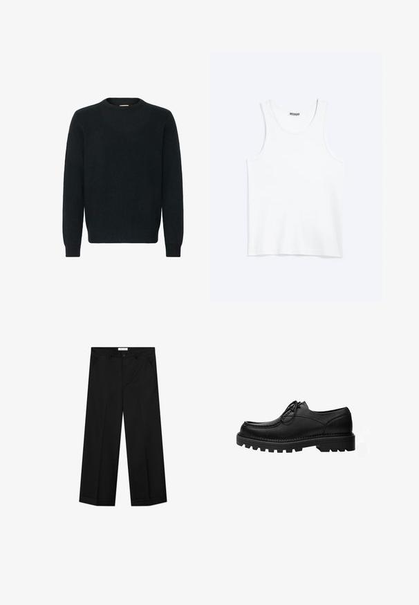 Sort crewneck sweater lavet af et blødt strikket materiale. Lange ærmer, ribbede manchetter og kant med en glat tekstur og minimalistisk design.; Hvid ærmeløs tanktop med rund halsudskæring og Weekday-mærke på den indvendige baghals, vist fladt på lys baggrund.; Sorte bukser med vide ben lavet af et glat materiale, med forlommer, knaplåsning og en presset rille ned langs hvert ben.; Sort læder snøresko med tyk, robust sål og detaljerede syninger på oversiden, designet til formelt eller afslappet brug.