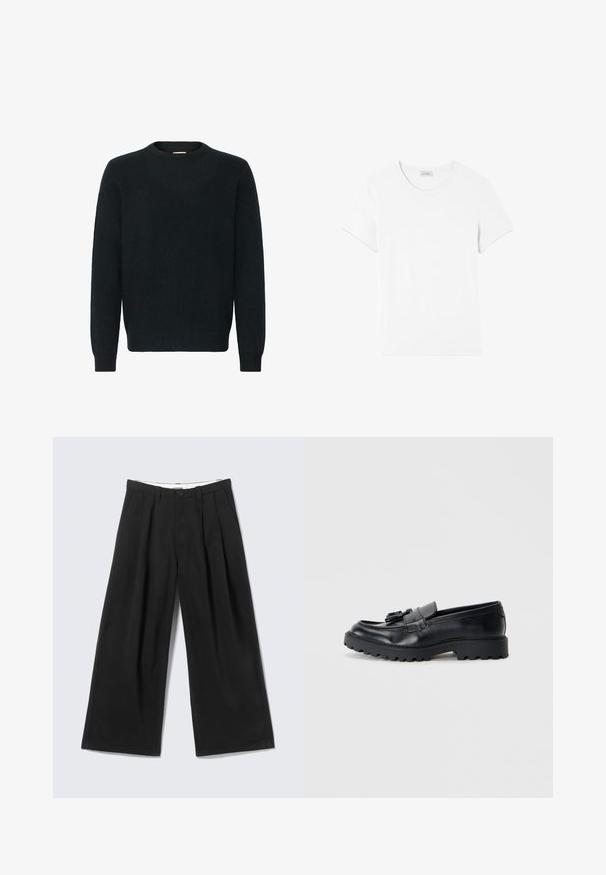 Must vaid, pehme lõngast must sviiter. Pikad varrukad, soonikkoes mansetid ja hem, sile tekstuur ja minimalistlik disain.; American Vintage GAMIPY - Lihtne T-särk - blanc; Mustad laia säärega püksid, millel on voldid, vööaasad ja nööpidega sulgur, taustal helehall taust.; Musthave nahkased mustad loafers, millel on läikiv viimistlus, turske kummitald ja dekoratiivne fraktsioon ees.