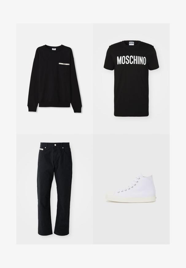 Zwarte sweatshirt met lange mouwen, geribbelde manchetten, een ronde halslijn en een voorzak met een zilveren accent en logodetail.; Zwarte katoenen t-shirt met opvallende witte "MOSCHINO" tekst op de voorkant; ronde hals en korte mouwen. Eenvoudig ontwerp, klassieke pasvorm.; Zwarte katoenen broek met een recht model, vijf zakken, zilverkleurige hardware en een subtiel gestructureerd oppervlak.; Witte canvas hoge sneakers met ronde teen, metalen oogjes en crèmekleurige rubberen zool. Soepele textuur met minimale ontwerpelementen.