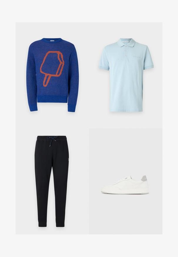 Blauer gestrickter Pullover mit einem großen orangefarbenen Eis am Stiel-Design auf der Vorderseite. Rundhalsausschnitt und gerippte Bündchen und Saum.; Hellblaues Poloshirt mit kurzen Ärmeln, drei Knöpfen sowie einem kleinen „Tiger of Sweden“-Logo auf der Brust und am Kragenetikett.; Schwarze, zulaufende Jogginghosen mit elastischem Bund und navyfarbenem Kordelzug, mit gerippten Bündchen und kleinem seitlichem Logopatch.; Weißer Sneaker mit niedrigem Schaft, grauem Fersenlaschen, weißen Schnürsenkeln und einer strukturierten Sohle, dargestellt vor einem schlichten hellen Hintergrund.