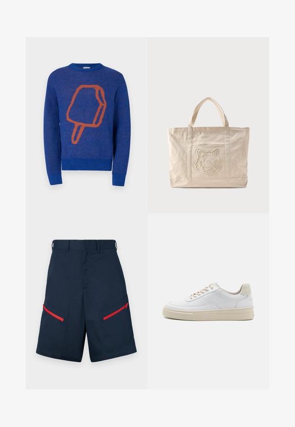 Pull en tricot bleu avec un grand graphique de glace à l'orange à l'avant. Col rond et poignets et ourlet côtelés.; Shorts cargo navy fabriqués avec deux poches zippées avec des accents rouges, devant plat et détails cousus.; Sneaker blanche avec un dessus en cuir lisse, des lacets beige et un onglet de talon en daim beige texturé. Semelle surélevée pour une hauteur supplémentaire.; Sac fourre-tout en toile beige avec doubles anses et un motif en relief de tête de loup sur la poche avant.