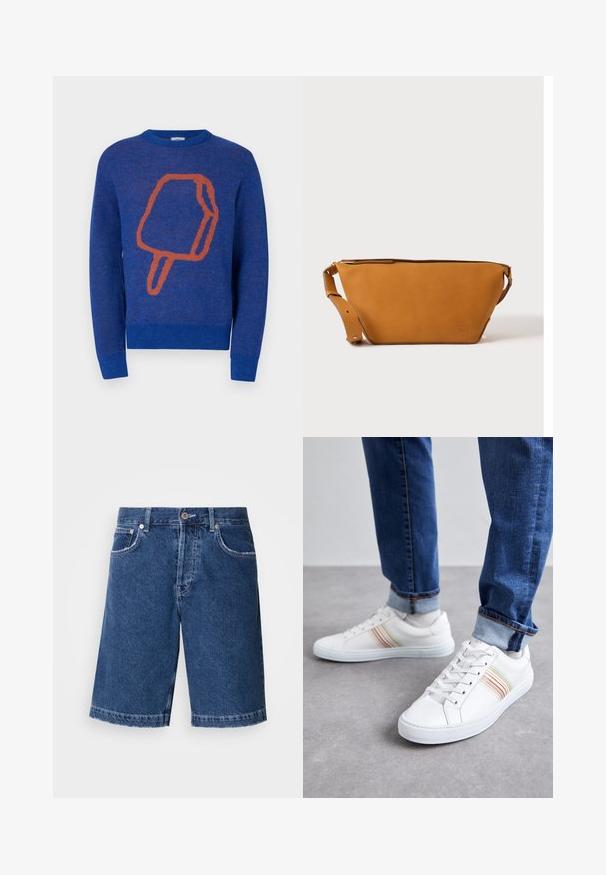 Blauwe gebreide trui met een grote oranje ijsje afbeelding op de voorkant. Ronde halslijn en geribbelde mouwen en onderkant.; Donkerblauwe denim shorts met een rechte snit, twee voorzakken en een klassieke knoopsluiting. Gestikte zoom met lichte vervaging.; Witte leren sneakers met meerkleurige strepen, vetersluiting, rubberen zool en gevoerd kraagje, gecombineerd met blauwe spijkerbroek.; Lichtbruine leren crossbodytas met verstelbare band en ritssluiting, getoond tegen een effen lichte achtergrond.