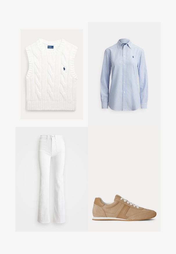 Hvid ærmeløs kabelstrikket sweater med ribbet kant. Har en lille, broderet blå logo på brystet. Tekstureret, blødt stof.; Langærmet skjorte med knapper i lyseblå og hvide striber med klassisk krave og lille logo på venstre bryst. Bomuldsstof.; Hvide flared jeans med høj talje, lavet af denim. Har to frontlommer og slidser i bunden. Rent design uden synlige detaljer.; Lysebrun ruskind og læder lavtop-sneaker med hvide snørebånd og hvid gummisål vist fra siden på en hvid baggrund.
