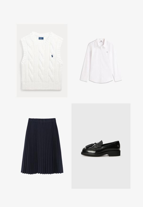 Pull sans manches blanc en maille torsadée avec ourlet côtelé. Comprend un petit logo bleu brodé sur la poitrine. Tissu texturé et doux.; Chemise blanche à manches longues, boutonnée, avec col et petit logo brodé sur la poitrine gauche.; Jupe plissée marine en tissu doux. Dotée d'une large ceinture élastique, elle tombe juste au-dessus du genou avec une texture lisse.; Mocassins en cuir noir avec une finition brillante, dotés d'un détail à frange, d'une couture décorative et d'un petit talon carré. Logo embossé sur le talon.