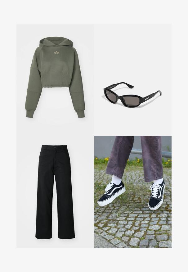 Alpha Industries WAISTED HOODY - Hættetrøje - dark olive; Sorte vide bukser med flad front, knaplukning og bæltestropper. Fremstillet af holdbart stof med en glat tekstur.; Sorte ruskinds sneakers med hvide accenter, med rund tå, tyk hvid sål og klassisk snørebåndsdesign, båret med hvide sokker og lilla bukser.; Sorte solbriller med rektangulært stel, mørke linser, glat plastmateriale og en metalaccent på templet.