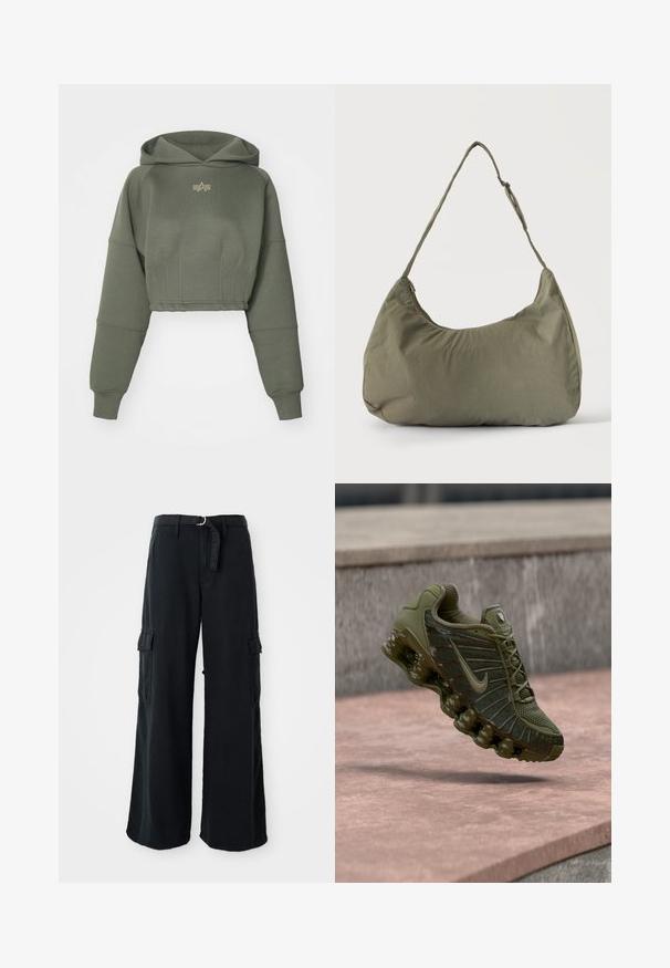 Alpha Industries WAISTED HOODY - Mikina s kapucňou - dark olive; Čierne široké nohavice cargo vyrobené z bavlny s viazacím pásom, s dvoma bočnými vreckami a hladkou textúrou látky.; Teniska Nike v olivovo zelenej farbe, s vrchnou časťou z oka s textúrovanými panelmi, polstrovanou podrážkou a viditeľným vzduchovým odpružením pre pohodlie.; Olivovo zelená mäkká látková taška cez rameno so zipsovým uzáverom a nastaviteľným popruhom na svetlom jednofarebnom pozadí.