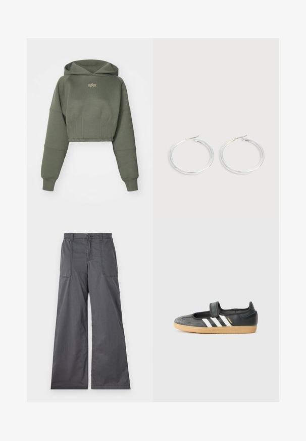 Alpha Industries WAISTED HOODY - Kapuutsiga pusa - dark olive; Hallid hallid laiad püksid, millel on sile tekstuur, ees olevate taskute, nupuga sule ja õmblustel tikanditega.; Mustmust ja sametist sneaker, millel on Velcro rihm, kolm valget triipu ja kummi tallad, küljel on silt "SAMBA".; Paari läikiva hõbedase rõngaskujulise kõrvarõngastega, millel on õhukesed traatlukkud, kuvatud heleda halli taustal.