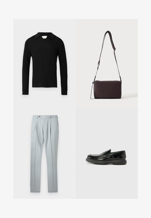 Pull noir à manches longues côtelé avec un col en V et un col. Le tissu présente une finition texturée, mettant en valeur son design élégant.; Pantalon de costume plissé gris clair avec fermeture à bouton et zip, passants pour ceinture et jambes droites.; Mocassin en cuir noir avec une finition brillante, bout arrondi, détails de couture subtils et semelle en caoutchouc épaisse pour la durabilité.; Sac bandoulière en cuir marron foncé texturé avec une sangle réglable et un petit accent décoratif bleu sur le côté.