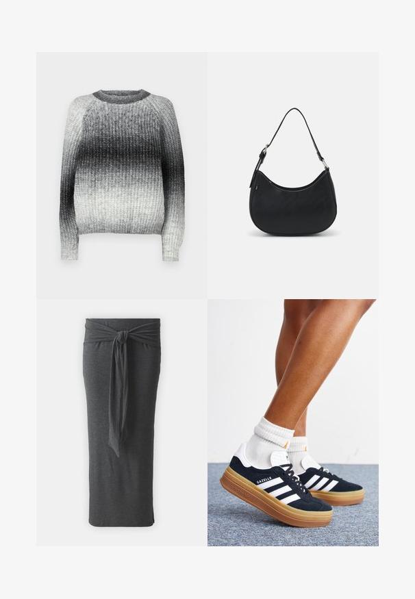 JDY JDYELIZA O-NECK PULLOVER - Pullover - black; Jupe longue gris foncé en tissu doux et extensible. Présente une taille nouée et un design élégant et ajusté.; Jambes portant des chaussettes blanches et des baskets Adidas Gazelle noires avec des bandes blanches et des semelles épaisses marron sur un sol recouvert de moquette grise.; Sac hobo noir en cuir lisse avec une silhouette arrondie, doté d'une seule sangle ajustable et de détails de design minimalistes.