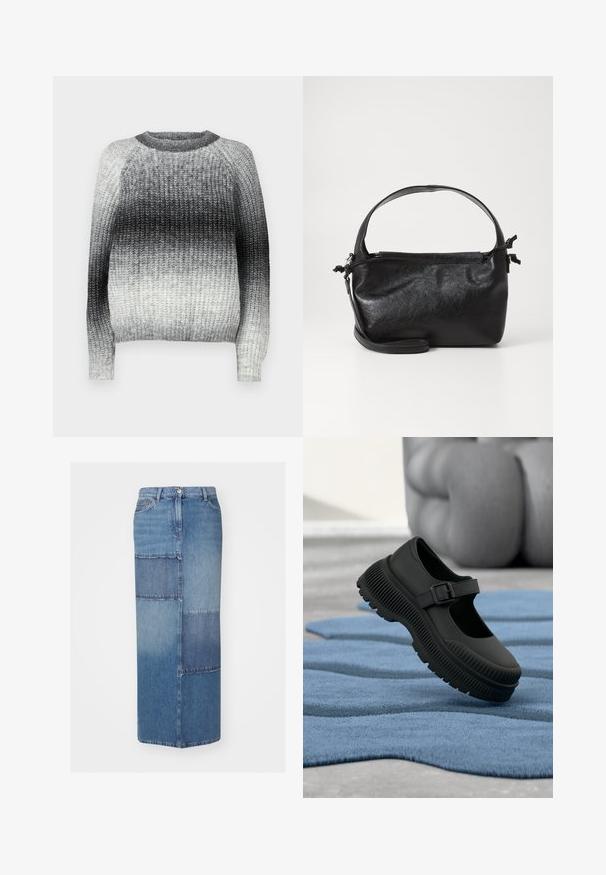 JDY JDYELIZA O-NECK PULLOVER - Pullover - black; Jupe en denim avec un patchwork dans des nuances de bleu variées, à coupe droite, taille haute et ourlet net.; Chaussure noire style Mary Jane avec semelle épaisse nervurée et bride à boucle, reposant sur un tapis bleu texturé avec arrière-plan flou.; Sac à main en cuir noir au design structuré, avec une poignée arrondie et une bandoulière amovible. Présente une texture lisse et un éclat subtil.