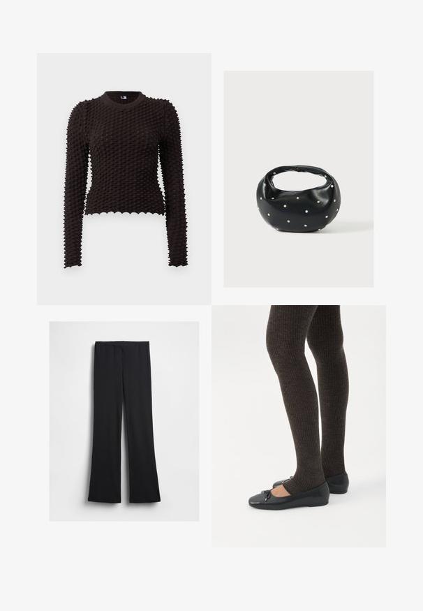 Suéter de manga larga en marrón oscuro, con un patrón texturizado en relieve, cuello redondo acanalado y dobladillo recortado con bordes en forma de ola.; Pantalones de punto acanalados negros con cintura alta y piernas acampanadas, mostrados planos sobre un fondo blanco.; Piernas con leggings oscuros acanalados combinados con bailarinas negras que presentan pequeños detalles de lazo sobre un fondo blanco.; Bolso de mano de cuero negro con forma redondeada, decorado con detalles de tachuelas plateadas y un asa corta. Textura lisa y cierre con cremallera.