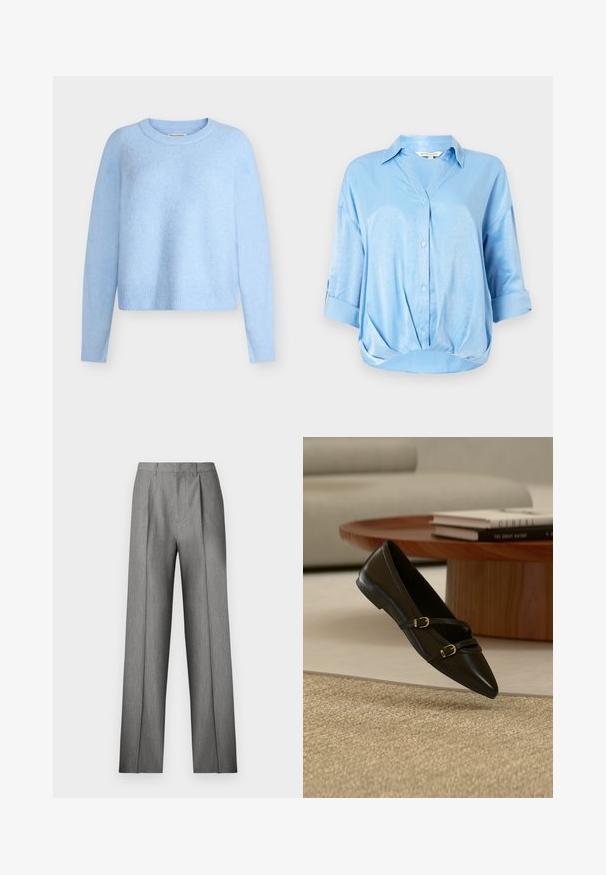 Pull court bleu clair en tissu doux et texturé. Comprend des manches longues ainsi qu'un col et un ourlet côtelés. Design classique à col rond.; Blouse en satin bleu clair avec des manches trois-quarts repliées, fermeture à boutons sur le devant, col et ourlet froncé.; Pantalon gris sur mesure avec un devant plissé, une coupe droite et une texture subtile. Il présente une taille avec passants pour ceinture et aucune poche visible.; Chaussure plate noire à bout pointu avec deux fines brides à boucle flottant au-dessus d'un tapis beige, avec une table basse en bois et des livres en arrière-plan.