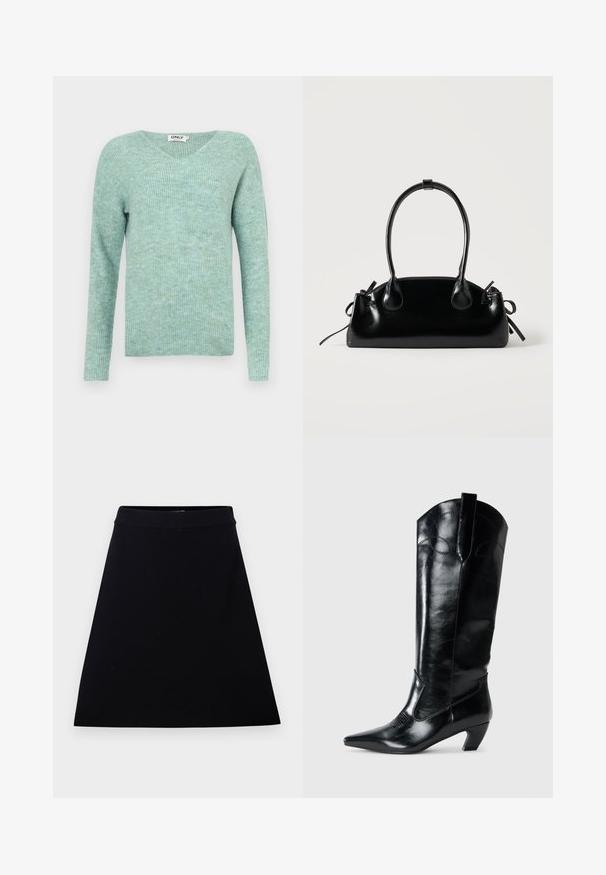 Mintgroene geribde trui met een V-hals, lange mouwen en een zachte textuur, met een relaxte pasvorm en een minimalistisch ontwerp.; Zwarte A-lijn rok met een gladde, matte textuur en een aansluitende tailleband. Knie-lengte zonder zichtbare patronen of accenten.; Zwarte leren kniehoge laarzen met een spitse neus, lage hak en decoratieve stiksels aan de zijkanten. Gladde glanzende afwerking.; Kleine zwarte glanzende handtas met twee lange hengsels en zijkant trekkoord details op een effen lichte achtergrond.