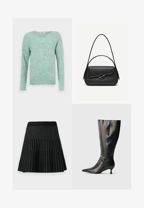 Mintgrüner Rippstrickpullover mit V-Ausschnitt, langen Ärmeln und weicher Textur, mit lockerem Schnitt und minimalistischem Design.; Schwarze Rock mit strukturiertem Strick und Zickzack-Silberstreifen, ausgestelltem Design und festem schwarzen Bund.; Schwarzer kniehoher Lederstiefel mit spitzer Zehenpartie und niedrigem Kittenabsatz, präsentiert vor einem schlichten hellen Hintergrund.; Schwarze Lederhandtasche mit abgerundeten Kanten, asymmetrischem Überschlag, metallfarbenem runden Verschluss und kurzen sowie langen Schulterriemen.