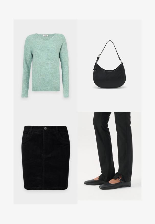 Mintgrüner Rippstrickpullover mit V-Ausschnitt, langen Ärmeln und weicher Textur, mit lockerem Schnitt und minimalistischem Design.; Schwarzer Cordrock mit geradem Schnitt, Knopfverschluss, vorderen Taschen, geripptem Muster und matter Oberfläche.; Beine in schwarzen schmalen Hosen mit vorderen Schlitzen am Saum, kombiniert mit schwarzen flachen Mary-Jane-Schuhen mit kleinem Schnallenriemen.; Schwarze Hobo-Tasche aus glattem Leder mit einer geschwungenen Silhouette, ausgestattet mit einem einzelnen verstellbaren Trageriemen und minimalistischem Design.