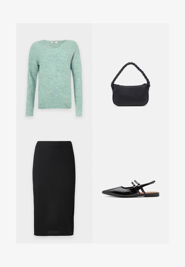 Mintgroene geribde trui met een V-hals, lange mouwen en een zachte textuur, met een relaxte pasvorm en een minimalistisch ontwerp.; Zwarte geribbelde pencilskirt in een getailleerd ontwerp, met een soepele textuur en een knielange snit. Eenvoudige tailleband zonder versieringen.; Zwarte gepatineerde leren slingback schoenen hebben een spitse neus, twee banden met gespsieraden en een platte zool.; Zwarte handtas met een ronde vorm, gemaakt van glad materiaal. Heeft een gevlochten handvat en een ritsluiting voor veilige opslag.
