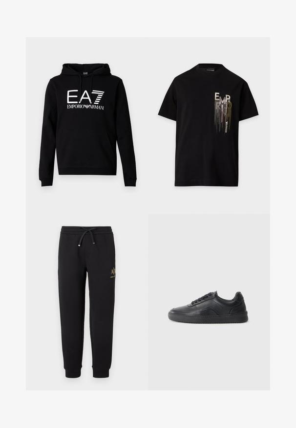 Sweat à capuche noir avec une poche kangourou à l'avant. Présente un texte blanc audacieux "EA7 EMPORIO ARMANI" sur la poitrine. Matière en mélange de coton.; T-shirt noir à manches courtes avec un logo vertical métallique argenté et doré "EMPORIO ARMANI" sur la partie gauche de la poitrine.; Pantalon de jogging noir avec taille élastique et cordon, chevilles retournées et petit logo doré "A|X Armani Exchange" sur la cuisse droite.; Chaussure de sport en cuir noir avec une finition lisse, bout arrondi, panneau latéral texturé et lacets noirs. Présente une semelle en caoutchouc plate et un design minimaliste.