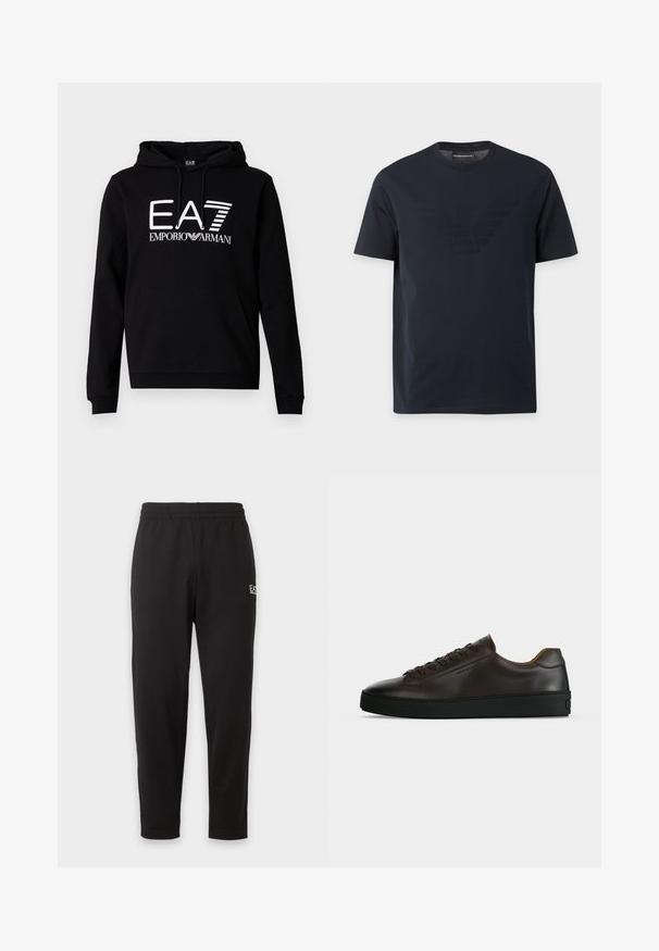 Sweat à capuche noir avec une poche kangourou à l'avant. Présente un texte blanc audacieux "EA7 EMPORIO ARMANI" sur la poitrine. Matière en mélange de coton.; T-shirt noir à manches courtes avec col rond, comportant un logo aigle en relief discret sur la poitrine et une étiquette de marque à l'intérieur du col.; Pantalon de survêtement noir à taille élastique, jambes fuselées, avec un petit logo blanc sur la partie supérieure de la cuisse gauche.; Baskets basses en cuir marron foncé avec semelle en caoutchouc noire, lacets à l'avant et design minimaliste épuré sur fond clair.