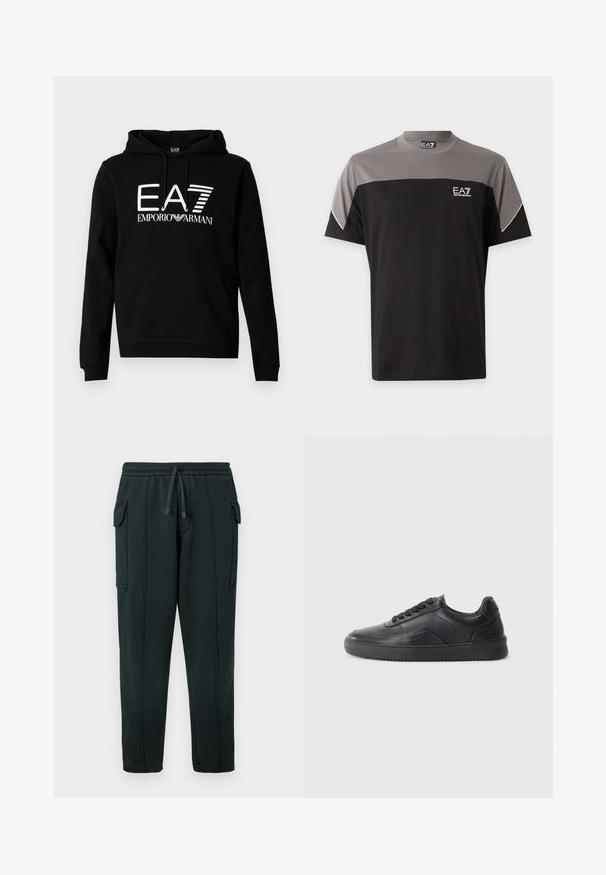 Sweat à capuche noir avec une poche kangourou à l'avant. Présente un texte blanc audacieux "EA7 EMPORIO ARMANI" sur la poitrine. Matière en mélange de coton.; T-shirt manches courtes noir et gris EA7 Emporio Armani avec logo sur la poitrine et bord blanc aux manches.; Pantalon de survêtement noir avec taille à cordon, poches latérales, détail poche cargo et coutures visibles. Tissu doux avec une coupe décontractée.; Chaussure de sport en cuir noir avec une finition lisse, bout arrondi, panneau latéral texturé et lacets noirs. Présente une semelle en caoutchouc plate et un design minimaliste.