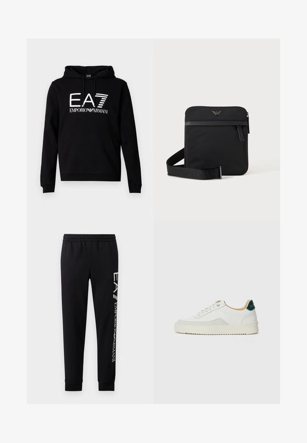 Sweat à capuche noir avec une poche kangourou à l'avant. Présente un texte blanc audacieux "EA7 EMPORIO ARMANI" sur la poitrine. Matière en mélange de coton.; Pantalons de survêtement noirs en mélange de coton, dotés d'une taille élastique, de jambes fuselées, de poignets côtelés et d'un imprimé logo blanc sur le côté.; Baskets blanches avec des accents en daim, bout arrondi, lacets plats et semelle en caoutchouc crème. Présente une marque verte sur le talon.; Sac bandoulière carré noir avec fermeture éclair, poche avant et sangle réglable avec nom de marque embossé.