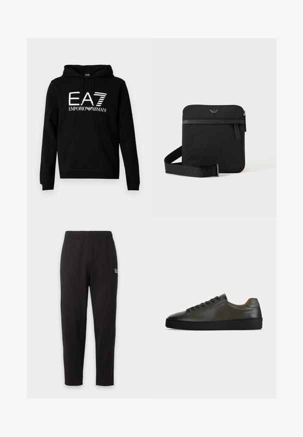 Sweat à capuche noir avec une poche kangourou à l'avant. Présente un texte blanc audacieux "EA7 EMPORIO ARMANI" sur la poitrine. Matière en mélange de coton.; Pantalon de survêtement noir à taille élastique, jambes fuselées, avec un petit logo blanc sur la partie supérieure de la cuisse gauche.; Basket basse en cuir gris foncé avec lacets et semelle noirs, design minimaliste, profil latéral sur un fond clair uni.; Sac bandoulière carré noir avec fermeture éclair, poche avant et sangle réglable avec nom de marque embossé.