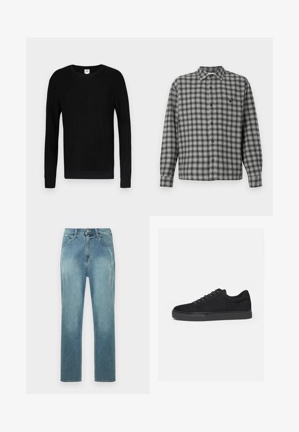Sort sweater med ribbet tekstur, rund hals og lange ærmer. Har et ensfarvet design og smalle manchetter ved ærmer og talje.; Sort og grå ternet skjorte med lange ærmer, krave og sorte knapper. Tøjet virker tekstureret med et vævet mønster.; Lyseblå jeans med lige ben, med falmet leopardprint på siderne, foran knaplukning og klassisk design med fem lommer.; Sort lavtop sneaker med snørelukning foran og flad gummisål, vist fra siden på en hvid baggrund.