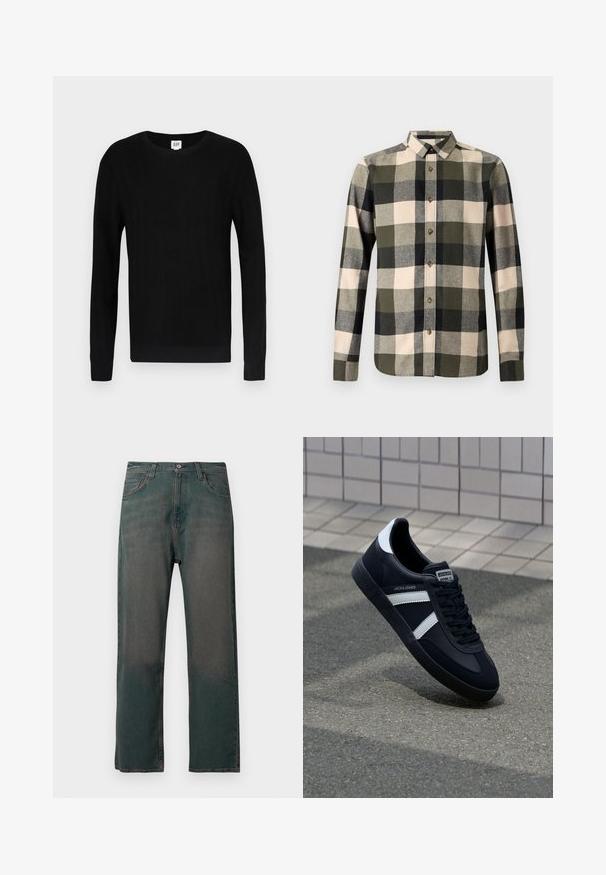 Sort sweater med ribbet tekstur, rund hals og lange ærmer. Har et ensfarvet design og smalle manchetter ved ærmer og talje.; Langærmet skjorte med knapper med stort ternet mønster i olivengrønne, sorte, beige og grå nuancer.; Mørkegrønne denimjeans med lige ben, der har et klassisk design med fem lommer og kontrastsyninger langs sømmene.; Sort lædersneaker med hvide striber, tekstureret gummisål og snørrebånd foran. Har et brandet mærke på tungen.