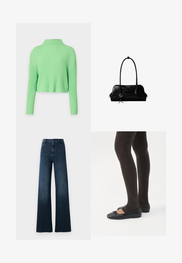 Lysegrøn cropped sweater med høj hals, ribstrikket struktur og lange ærmer. Har en løs pasform og blødt materiale.; Bredde bukser i mørkeblåt denim. Har høj talje, forlommer, knaplukning og minimal syning.; Ben iført mørke ribbede leggings kombineret med sorte balletsko med små sløjfedetaljer på hvid baggrund.; Sort skuldertaske i krokodillelæder med lange stropper og lille sølvlogo-charm på den ene strop.