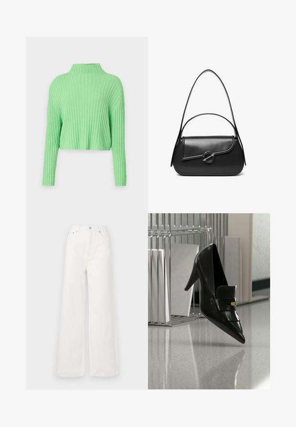 Lysegrøn cropped sweater med høj hals, ribstrikket struktur og lange ærmer. Har en løs pasform og blødt materiale.; Hvide højtaljede brede jeans lavet af denim. Har frontlommer, knaplukning og afrivede kantdetaljer.; Sort læder højhælet sko med spids snude og dekorativ frynse svævende over en skinnende gulv nær metalreol med dokumenter.; Sort skuldertaske i læder med en buet klap, der er fastgjort med en rund metal spænde, og en slank, justerbar rem.