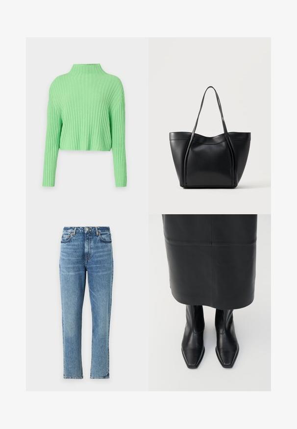 Suéter corto verde claro con un cuello alto, textura acanalada y mangas largas. Presenta un ajuste holgado y una tela suave.; Jeans de mezclilla azul claro con cintura alta, diseño de pierna recta y textura desgastada. Presentan herrajes plateados y costuras en contraste.; Botas altas de cuero negro con diseño de punta cuadrada y cremallera lateral. Textura suave y hardware minimalista; combinadas con una falda de cuero negro.; Bolso tote de cuero negro con dos asas largas y un borde superior ligeramente curvado, mostrado sobre un fondo claro y liso.