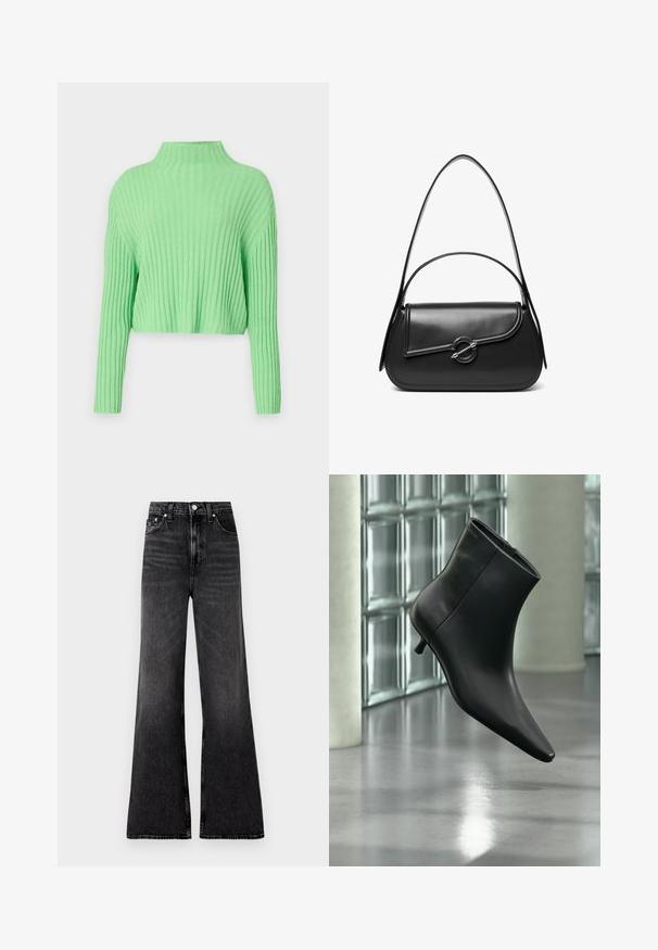 Suéter corto verde claro con un cuello alto, textura acanalada y mangas largas. Presenta un ajuste holgado y una tela suave.; Jeans de mezclilla negra de pierna ancha con un acabado ligeramente desgastado, talle alto, cierre de botón metálico y detalles de costura mínimos.; Botín negro de cuero con punta puntiaguda y tacón bajo estilo kitten, mostrado en ángulo sobre un suelo pulido y con una pared de bloques de vidrio de fondo.; Bolso de hombro de cuero negro con una solapa curva asegurada por un broche metálico redondo y una correa delgada y ajustable.
