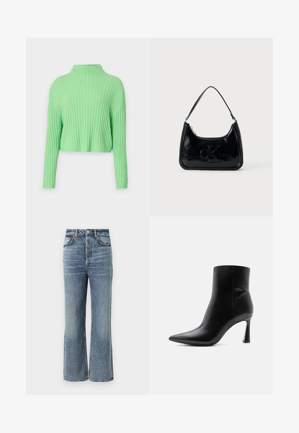 Lysegrøn cropped sweater med høj hals, ribstrikket struktur og lange ærmer. Har en løs pasform og blødt materiale.; Lysblå højtaljede jeans med bred benudskæring, afsluttet med subtilt falming, fem-lomme design og metalknap hardware.; Sort læderankelstøvle med spids tå og slank, høj stilet hæl, vist i sideprofil på hvid baggrund.; Sort patentlæder håndtaske med et buet topgreb, lynlåsslukning og prægede "cK" logo på fronten. Glat tekstur, struktureret form.