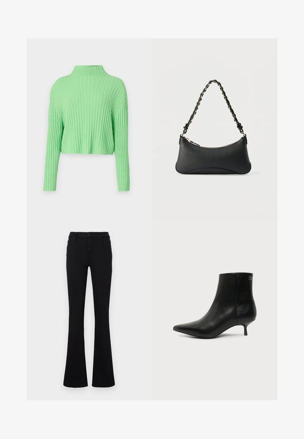 Lysegrøn cropped sweater med høj hals, ribstrikket struktur og lange ærmer. Har en løs pasform og blødt materiale.; Sorte flare jeans lavet af bomuldsblanding. Med knappelukning, bæltestropper og forlommer. Glat tekstur med let stretch.; Sort læder ankelstøvle med spids tå og lav kitten hæl på lys baggrund, der viser yderside.; Sort skuldertaske i læder med en buet rektangulær form, gyldent kæde vævet ind i en flettet sort rem og toplynlås.