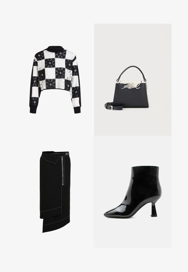 Afskåret sweater med sort og hvid ternet lacedesign, med ensfarvede sorte ærmer samt ribbet krave og manchetter.; Sort midi-nederdel med bred krave, der har en sidelukning med lynlås, hvide sy-accenter og et asymmetrisk kantdesign. Glat tekstur.; Sort blank laklæder ankelstøvle med spids tå og udvidet mellemhøj hæl på hvid baggrund.; Sort og hvid trapezformet håndtaske med sølv "Karl" logo, top-håndtag og aftagelig skulderrem på ensfarvet baggrund.