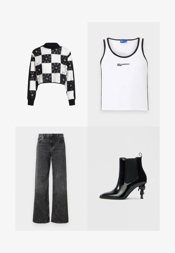 Suéter recortado con un patrón de encaje a cuadros en blanco y negro, con mangas sólidas negras y cuello y puños acanalados.; Camiseta sin mangas blanca con ribete negro y texto "KARL LAGERFELD JEANS" bordado en el centro frontal.; Jeans de denim negros de pierna ancha con una textura desgastada, cinco bolsillos y un cierre de botón. Presenta costuras en contraste y una cinturilla clásica.; Botín de charol negro con paneles laterales elásticos, punta afilada y un diseño único de tacón escultórico que presenta una pequeña figura.