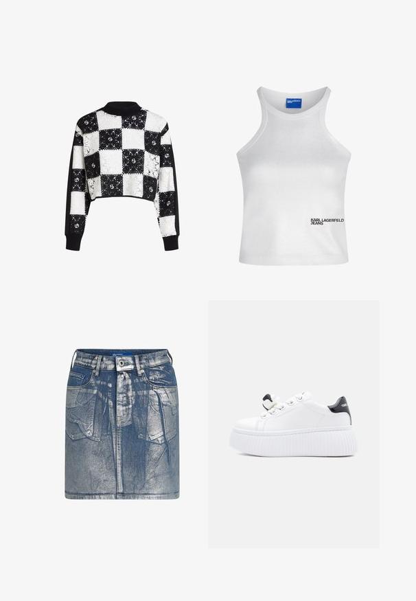 Suéter recortado con un patrón de encaje a cuadros en blanco y negro, con mangas sólidas negras y cuello y puños acanalados.; Top corto sin mangas blanco con cuello alto y logo "Karl Lagerfeld Jeans" en la parte inferior derecha del frente.; Minifalda de mezclilla en azul claro con una textura desgastada. Presenta bolsillos frontales, pasadores para cinturón y un cierre de botón metálico. Detalles visibles de costura.; Deportivas de plataforma blancas con acabado en cuero liso, detalles en negro en el talón y un lazo decorativo en los cordones. Textura estriada en la suela.