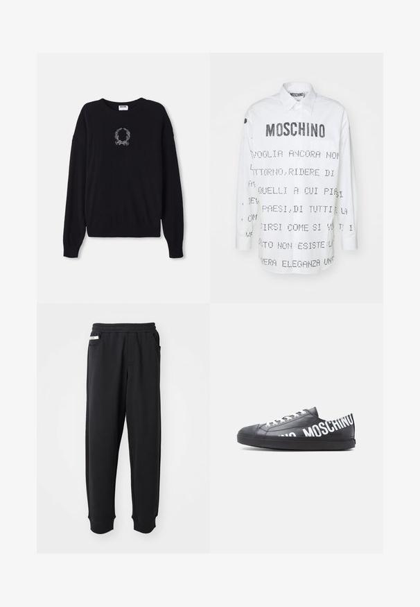 Čierny sveter s okrúhlym výstrihom, dlhými rukávmi a rebrovanými manžetami. Vpredu má bielu vyšitú dekoráciu v tvare venčeku a mašle.; Biela košeľa s dlhým rukávom a špicatým golierom, s čiernym textom a grafickými dizajnami potlačenými na prednej a zadnej strane. S uzatváraním na gombíky.; Čierne tepláky vyrobené z mäkkého materiálu, s elastickým pásom, bočnými vreckami a rebrovanými manžetami na členkoch. Minimalistický dizajn.; Čierna nízka teniska s bielymi šnúrkami a nápisom „MOSCHINO“ vytlačeným veľkými bielymi písmenami po boku a na päte.