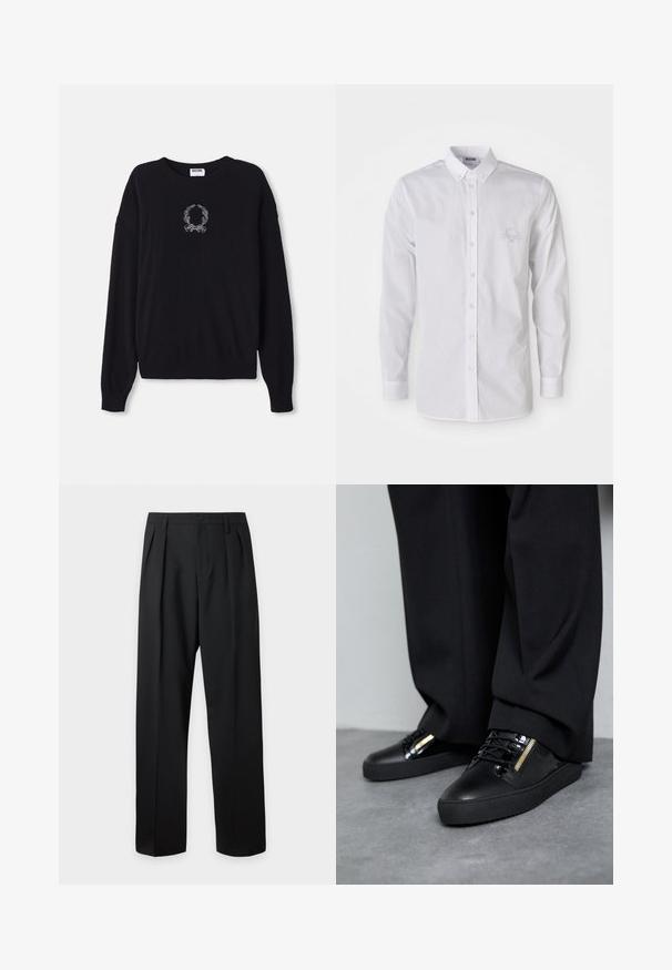 Schwarzer Pullover mit Rundhalsausschnitt, langen Ärmeln und gerippten Bündchen. Besitzt ein weißes, gesticktes Kranz- und Schleifendetail auf der Vorderseite.; Weißes Langarmhemd mit Knopfverschluss, Knopfkragen und dezent gesticktem Logo auf der linken Brust.; Schwarze hoch taillierte maßgeschneiderte Hose mit Gürtelschlaufen, vorderen Falten, Knopfverschluss und geraden, weiten Beinen auf hellem Hintergrund.; Schwarze Ledersneakers mit glänzenden Akzenten, strukturierten Schnürsenkeln und einem Reißverschluss-Detail; kombiniert mit dunklen, locker sitzenden Hosen auf einem grauen Boden.